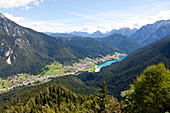 Auronzo village and lake in the Belluno Dolomites, Italy, Europe