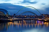 Gateshead Quays with Sage Gateshead and Millennium Bridge at night, Tyne and Wear, England, United Kingdom, Europe