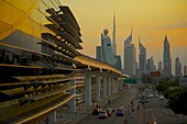 City skyline and Metro Station at sunset, Dubai, United Arab Emirates, Middle East