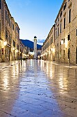 City Bell Tower on Stradun, the main street in Dubrovnik Old Town at night, UNESCO World Heritage Site, Dubrovnik, Croatia, Europe
