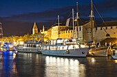 Trogir town and boat docks at night, Trogir, Dalmatian Coast, Adriatic, Croatia, Europe