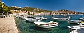 Hvar harbour, the Spanish Fortress and Hvar town centre, Hvar Island, Dalmatian Coast, Adriatic, Croatia, Europe