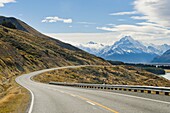 Road to Aoraki Mount Cook in Aoraki Mount Cook National Park, UNESCO World Heritage Site, South Island, New Zealand, Pacific