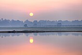 Sunrise over Taungthaman Lake and U Bein Bridge, Amarapura, near Mandalay, Myanmar (Burma), Asia