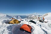 Tents on Mont Blanc, Chamonix Valley, Rhone Alps, Haute-Savoie, French Alps, France, Europe