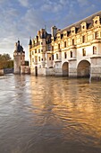 The River Cher and Chateau Chenonceau lit up by the setting sun, Indre-et-Loire, Centre, France, Europe