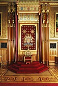 Throne in Queen's robing room, Houses of Parliament, Westminster, London, England, United Kingdom, Europe