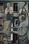 Jazz mural on building at Broadway and Columbus, San Francisco, California, United States of America, North America