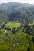 Aerial view of rice fields at base of mountains, Nepal, Asia