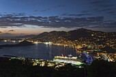 Elevated view over Charlotte Amalie and the cruise ship dock of Havensight, St. Thomas, U.S. Virgin Islands, Leeward Islands, West Indies, Caribbean, Central America