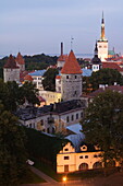 Skyline of Old Town including city wall towers and St. Olav church, UNESCO World Heritage Site, Tallinn, Estonia, Baltic States, Europe