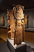 Pew-ends from the 15th century, depicting the 12 apostles, from the medieval cathedral of Kirkjubour, Faroese Historical Museum (Foroya Forminnissavn), Kirkjubourstolarnir, Hoyvik, Torshavn, Streymoy, Faroe islands (Faroes), Denmark, Europe