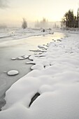 Gros Ventre River with snow, ice, and fog, Grand Teton National Park, Wyoming, United States of America, North America