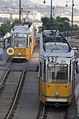 Two trams in Budapest, Hungary, Europe