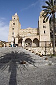 Shadow of palm tree, and cathedral, Piazza Duomo, Cefalu, Sicily, Italy, Europe
