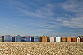 Beach huts locked up for winter, Hayling Island, Hampshire, England, United Kingdom, Europe