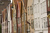 Wooden merchants buildings on the quayside of the Bryggen area, UNESCO World Heritage Site, Bergen, Norway, Scandinavia, Europe