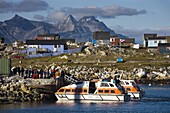 Cruise ship tenders at pier, Port of Nanortalik, Island of Qoornoq, Province of Kitaa, Southern Greenland, Kingdom of Denmark, Polar Regions