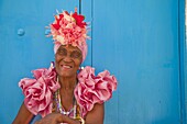 Cuban woman dressed as showgirl, Havana, Cuba, West Indies, Central America