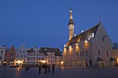 Old Town Hall in Old Town Square at night, Old Town, UNESCO World Heritage Site, Tallinn, Estonia, Baltic States, Europe