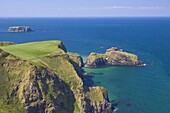 Carrick-a-rede rope bridge to Carrick Island, Larrybane Bay, with Sheep Island in the background, Ballintoy, Ballycastle, County Antrim, Ulster, Northern Ireland, United Kingdom, Europe