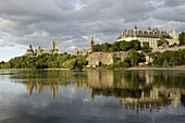 Overview of Parliament Hill from the banks of the Ottawa river, Ottawa, Ontario Province, Canada, North America