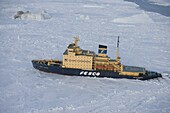 Russian icebreaker, Kapitan Khlebnikov in pack ice, seen from helicopter flight, Weddell Sea, Antarctica, Polar Regions