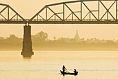 Boat and Ava Bridge (Inwa Sagaing Bridge), Ayeyarwaddy River, Myanmar (Burma), Asia