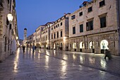 Early morning view along Stradun Street, tower of the Church of St. Saviour, Dubrovnik Old Town, UNESCO World Heritage Site, Dalmatia, Croatia, Europe