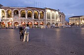 Piazza Bra, Roman Arena at dusk, Verona, Veneto, Italy, Europe