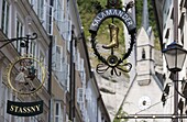 Shop signs, Getreidegasse, Salzburg, Austria, Europe