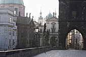 Morning light, Charles Bridge, Church of St. Francis dome, Old Town Bridge Tower, Old Town, Prague, Czech Republic, Europe
