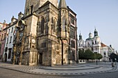Early morning, Town Hall, Astronomical clock, Church of St. Nicholas, Old Town Square, Old Town, Prague, Czech Republic, Europe