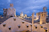 Chimneys and rooftop, Casa Mila, La Pedrera in the evening, Barcelona, Catalonia, Spain, Europe