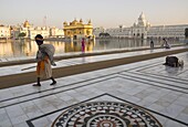 Elderly Sikh pilgrim with bundle and stick walking around holy pool, Golden Temple, Amritsar, Punjab state, India, Asia