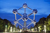 1958 World Fair, Atomium model of an iron molecule, illuminated at night, Brussels, Belgium, Europe