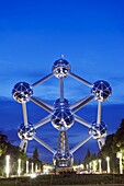 1958 World Fair, Atomium model of an iron molecule, illuminated at night, Brussels, Belgium, Europe