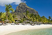 White sand beach of the five star hotel Le Paradis, with Le Morne Brabant in the background, Mauritius, Indian Ocean, Africa
