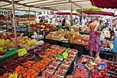 People shopping at street market, rue Mouffetard, Paris, France, Europe