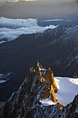 Sunrise on Aiguille du Midi cable car station, Mont Blanc range, Chamonix, French Alps, France, Europe