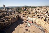 View of Piazza del Campo from the tower of Mangia, Siena, UNESCO World Heritage Site, Tuscany, Italy, Europe