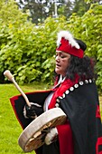 Tlingit native performers at Chief Shakes Tribal House, historic site, Wrangell, Southeast Alaska, United States of America, North America