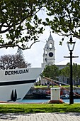 Tour boat and Clocktower at the Royal Naval Dockyard, Bermuda, Central America