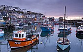 Fishing boats crowd a placid Mevagissey Harbour at dawn, Mevagissey, South Cornwall, England, United Kingdom, Europe