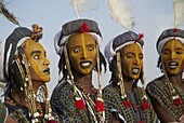 Wodaabe-Bororo men with faces painted at the annual Gerewol male beauty contest, a general reunion of West African Wodaabe Peuls (Bororo Peul), Niger, West Africa, Africa
