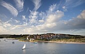 Alnmouth village and the Aln Estuary viewed from Church Hill on a calm late summer's evening with a dramatic sky overhead, Alnmouth, near Alnwick, Northumberland, England, United Kingdom, Europe
