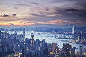Hong Kong Island and Kowloon skylines at sunset, Hong Kong, China, Asia