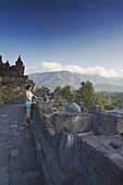 Woman at Borobudur, UNESCO World Heritage Site, Java, Indonesia, Southeast Asia, Asia