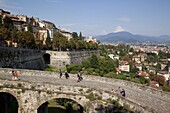 View of Lower Town from Upper Town Wall, Bergamo, Lombardy, Italy, Europe