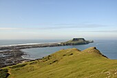 The Worm's Head with causeway exposed at low tide, Rhossili, The Gower peninsula, Wales, United Kingdom, Europe